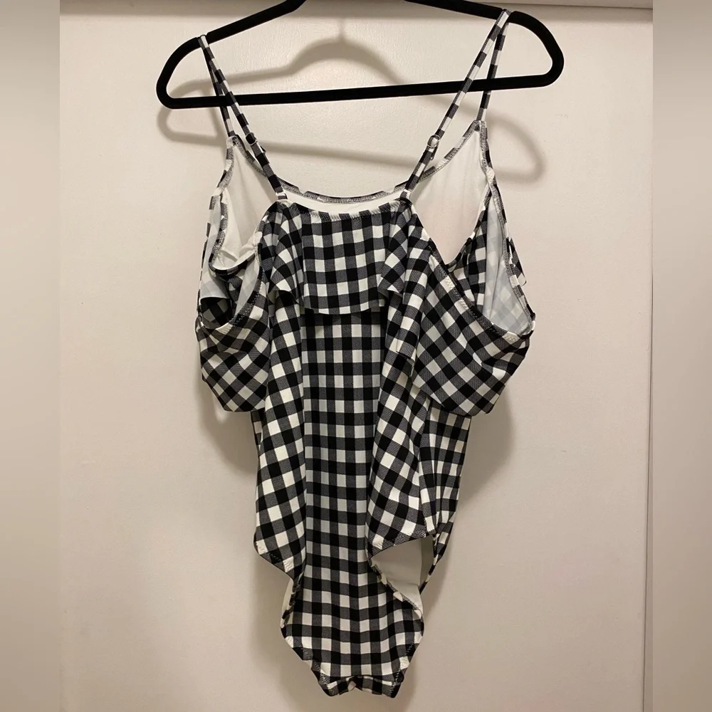 Adore Me Black & White Checkered Gingham One Piece Ruffle Off Shoulder Swimsuit
